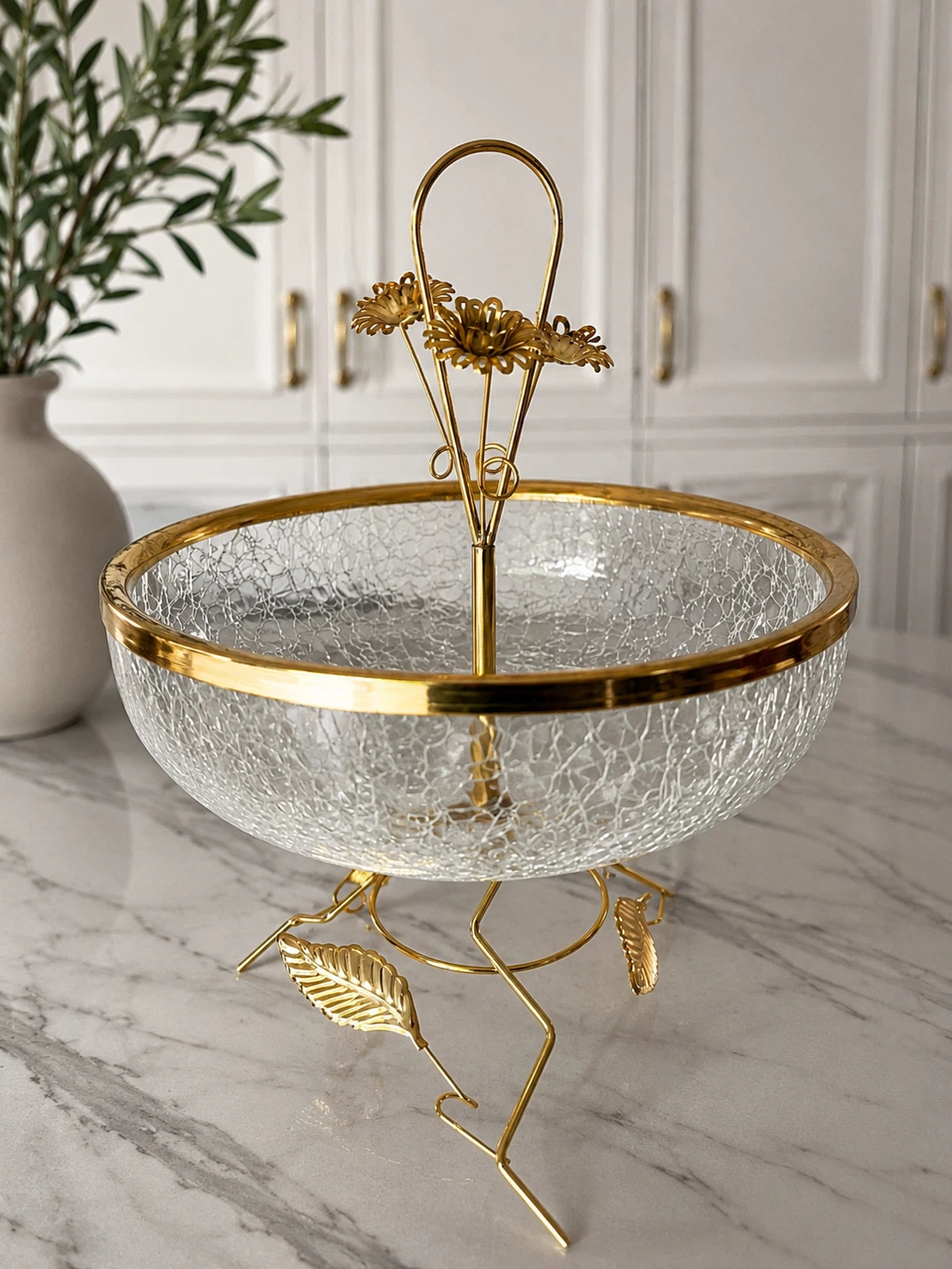 Gold and Glass Decorative Bowl with Flower Detail