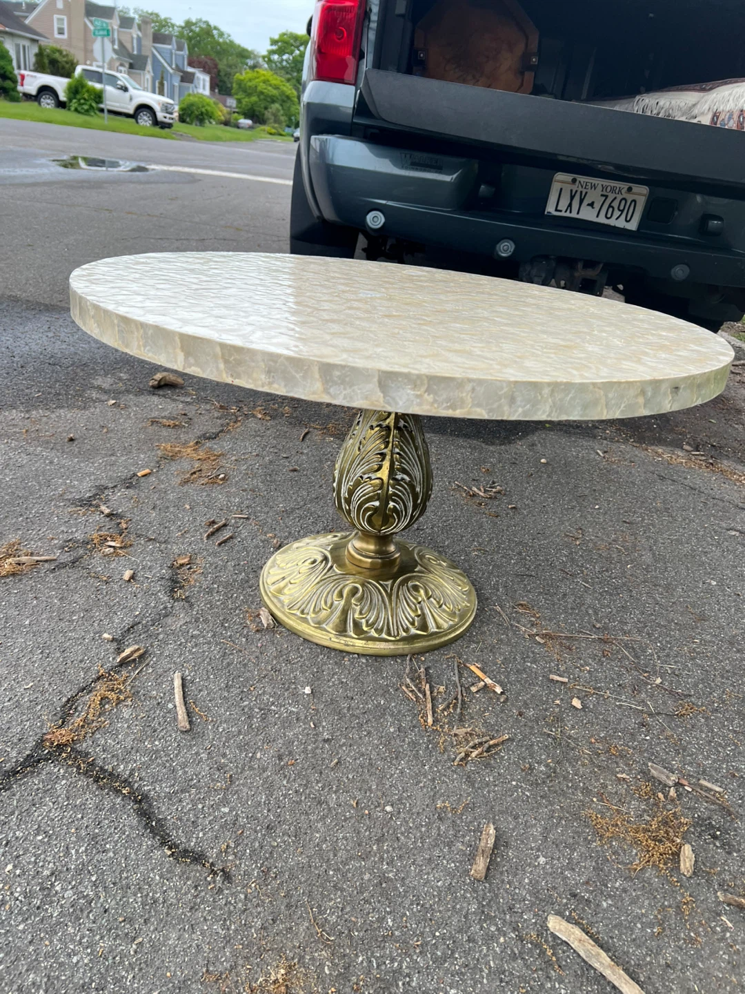 Round Capiz Shell Coffee Table with Ornate Brass Base