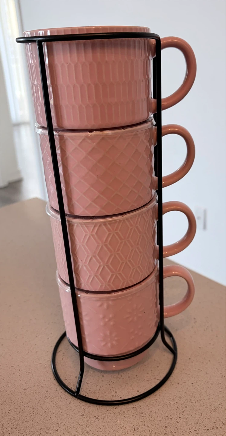 Pink Ceramic Mugs with Rack - Set of 4