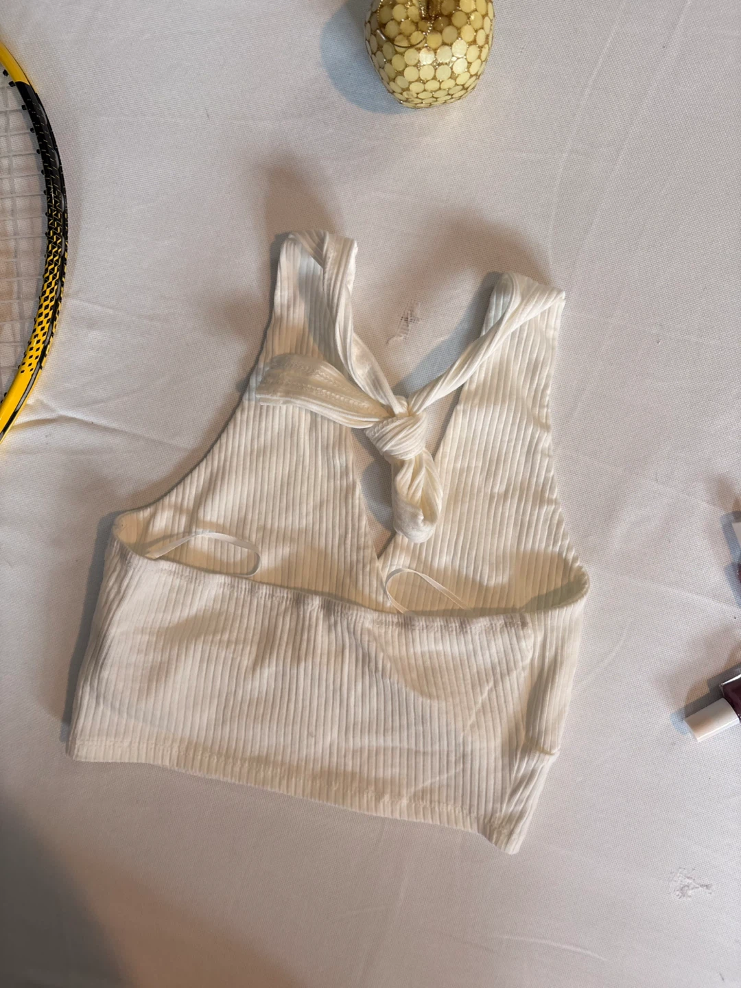 SHEIN Cream Ribbed Halter Crop Top - photo 3