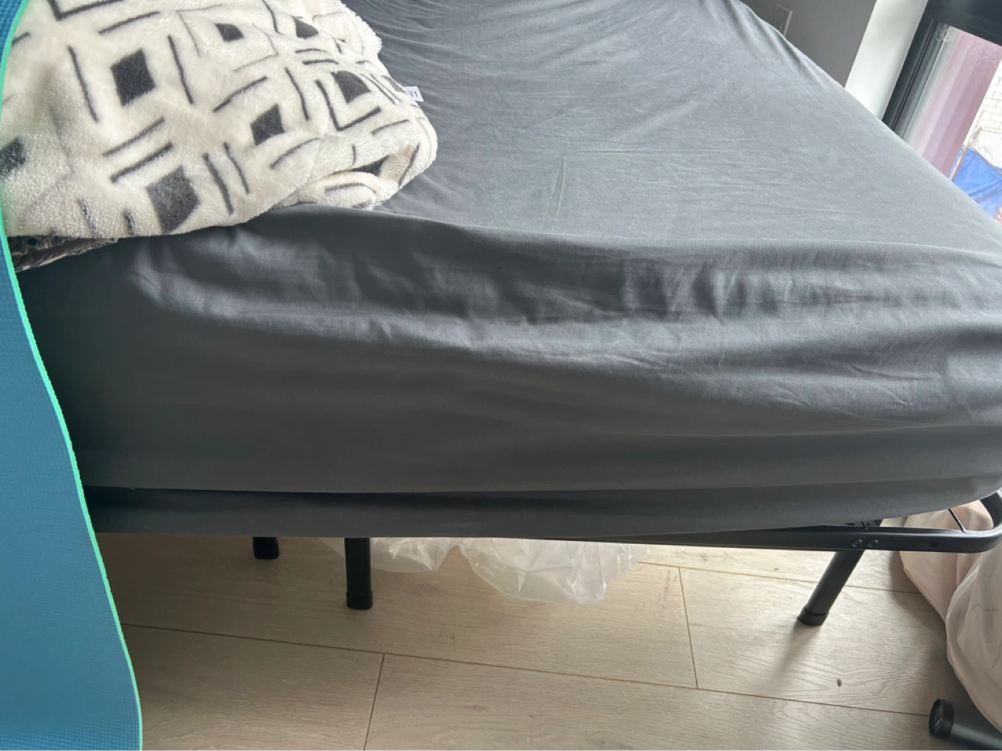 Queen Bed Frame with Mattress and bedsheet
