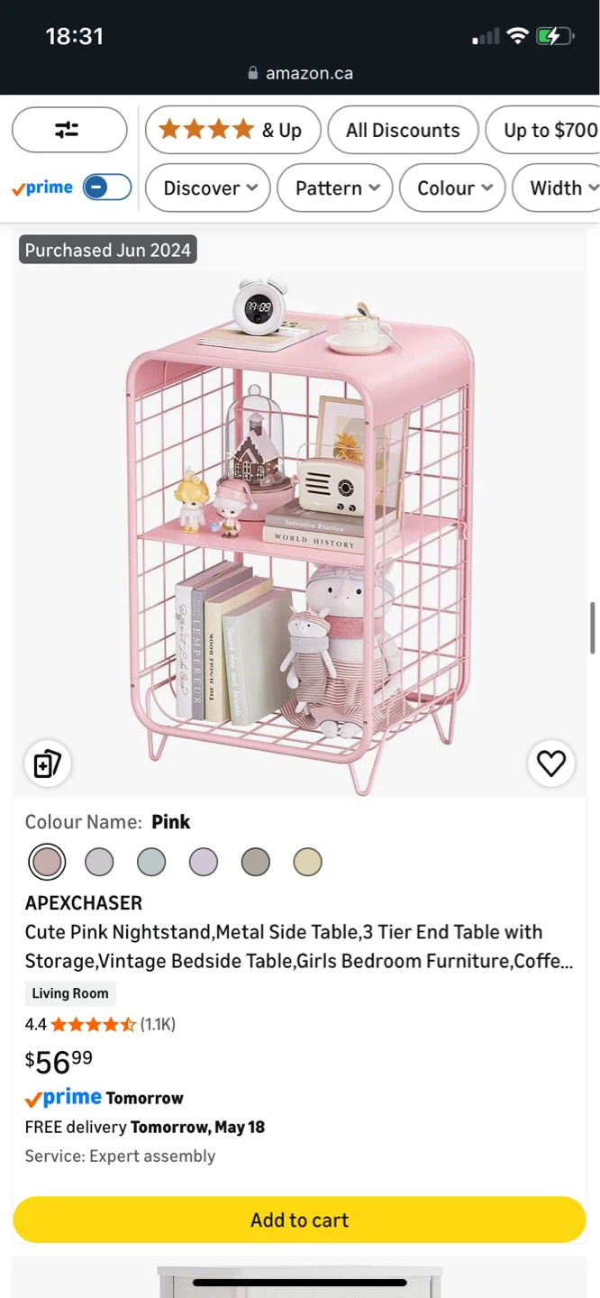 Cute Pink 3-Tier Metal Nightstand