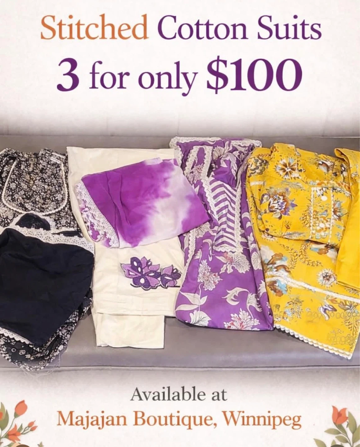Stitched Cotton Suits - 3 for $100