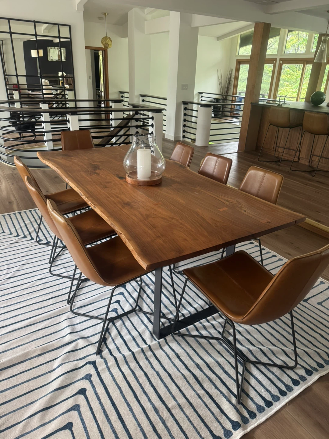 Live Edge Dining Table with 8 Leather Chairs and 4 stools