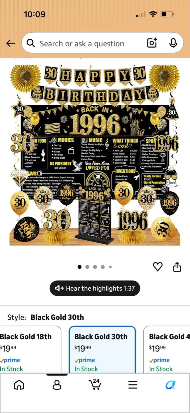 30th Birthday Decorations - Back in 1996 Black Gold Party Set