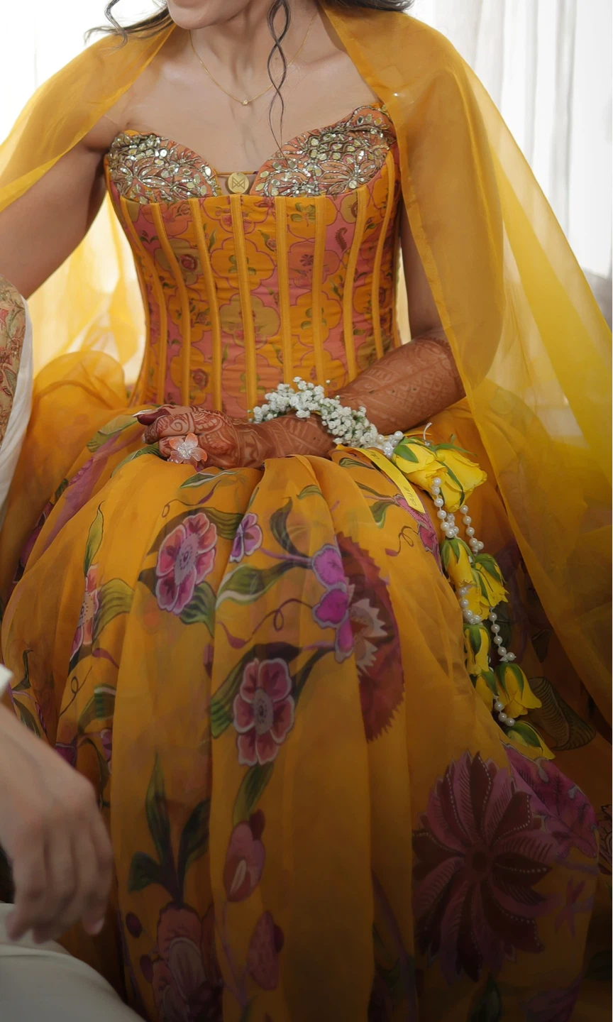 Yellow floral embroidered corset gown