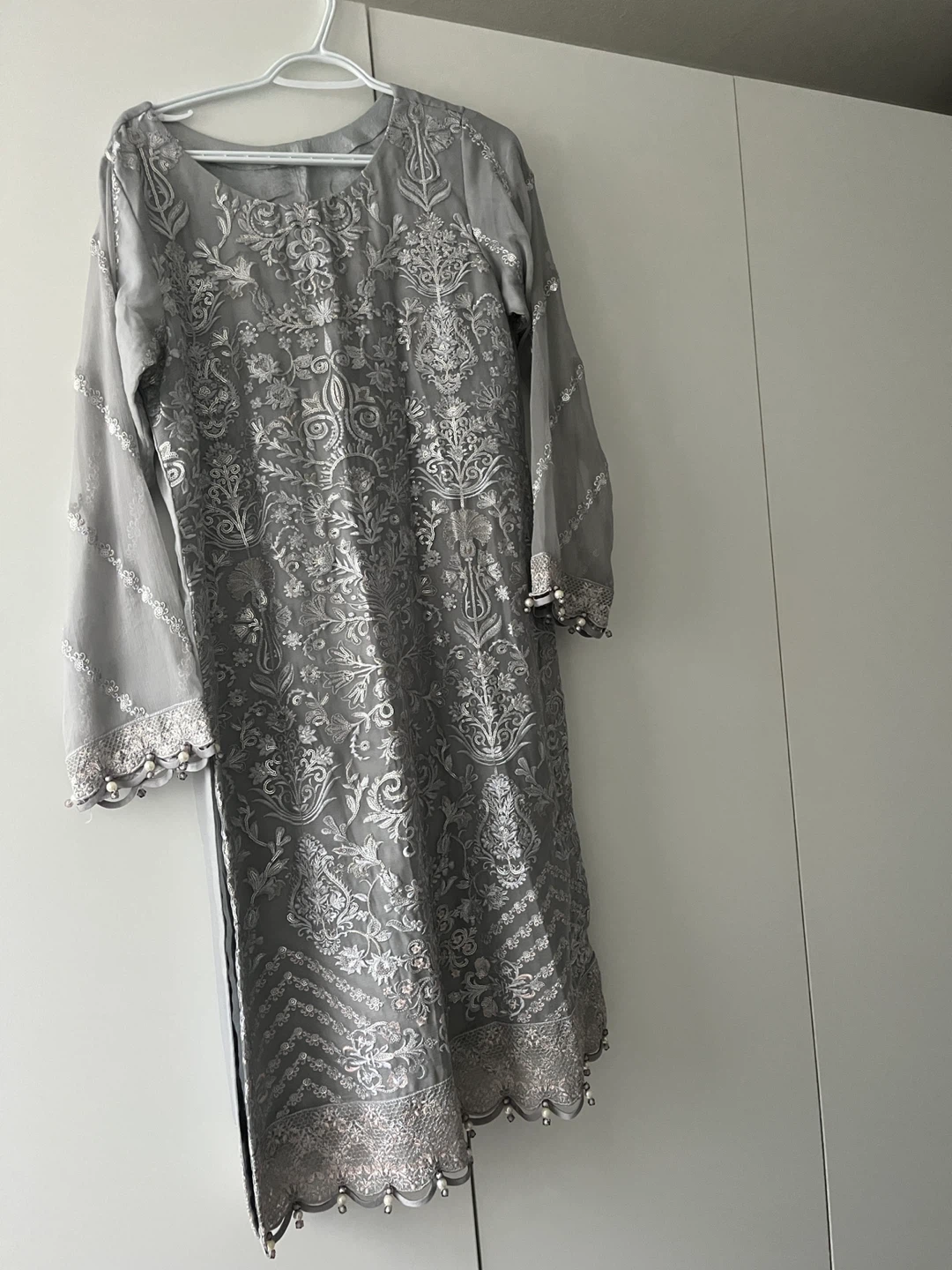 Brand New!! Grey Embroidered Kurti Pants and Dupatta Set
