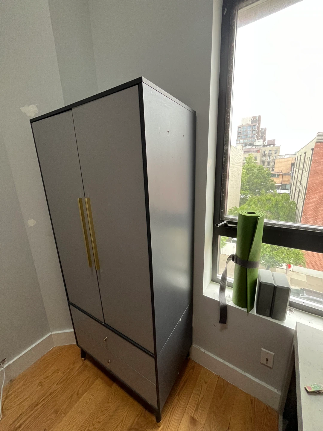 Grey Wardrobe with Drawers and Gold Handles