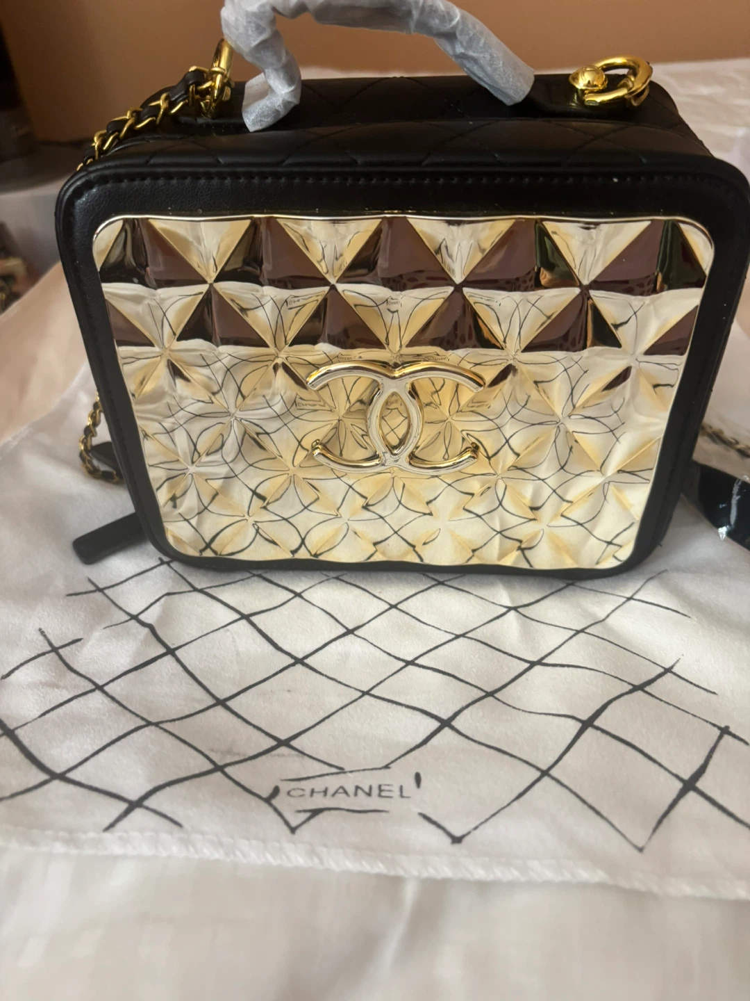 Black Quilted Leather Gold Embellished Handbag