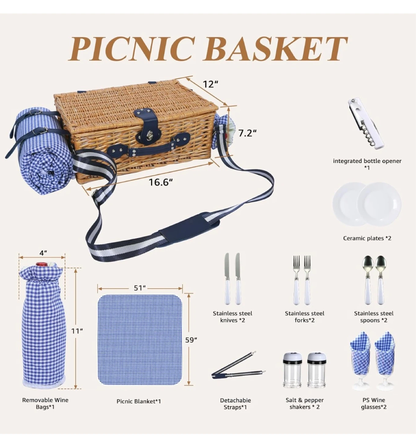 Wicker Picnic Basket Set with Plates, Cutlery, and Blanket - photo 3