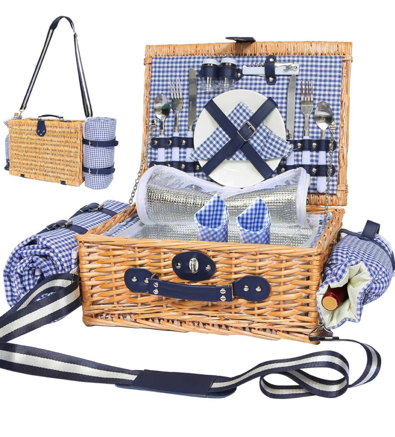 Wicker Picnic Basket Set with Plates, Cutlery, and Blanket