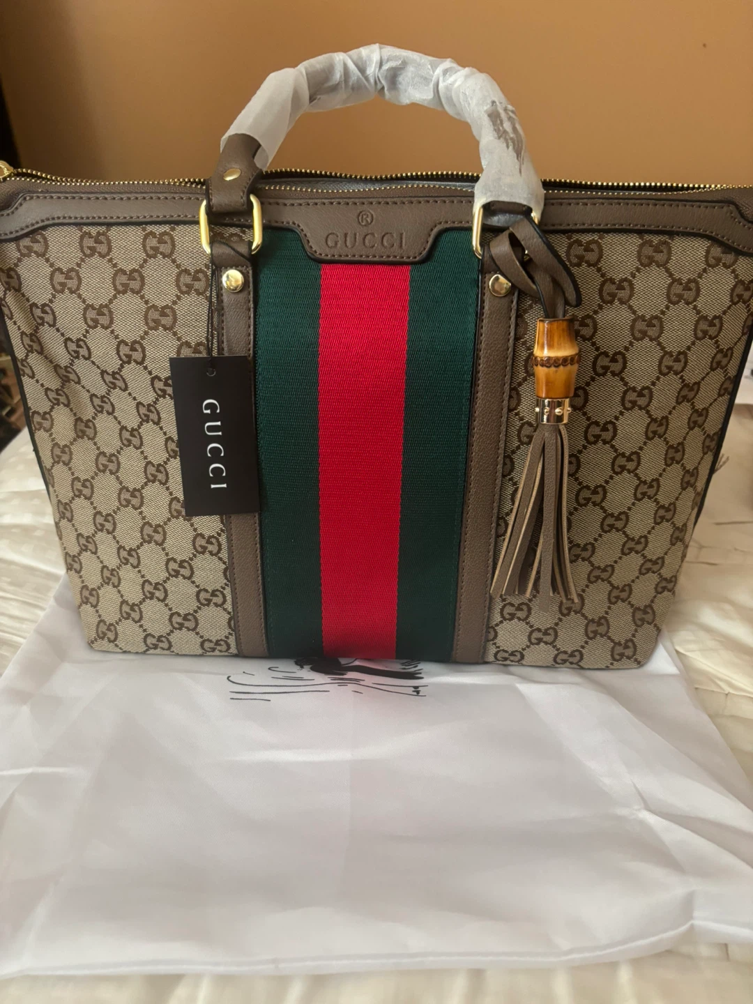 Gucci Monogram Canvas Tote Bag with Red and Green Stripe