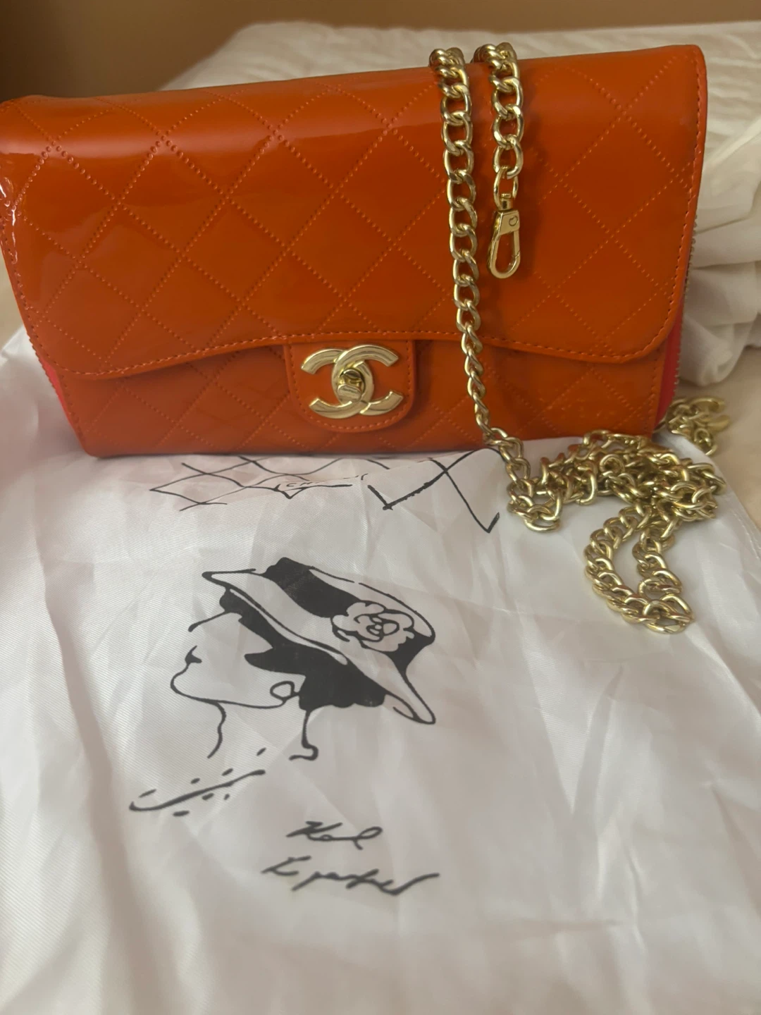 Orange Patent Leather Flap Bag with Gold Chain