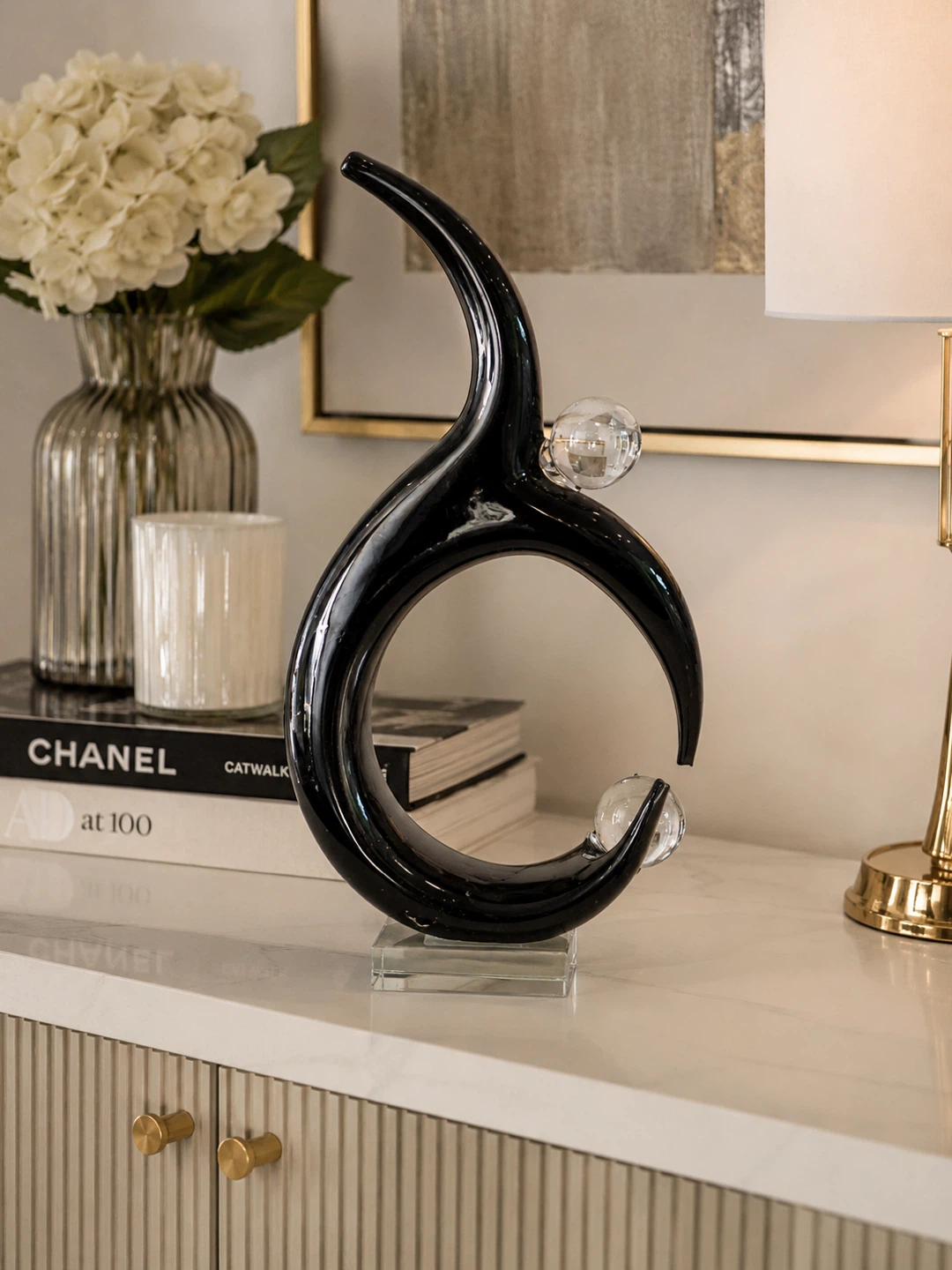 Modern Black Swirl Sculpture with Crystal Accents