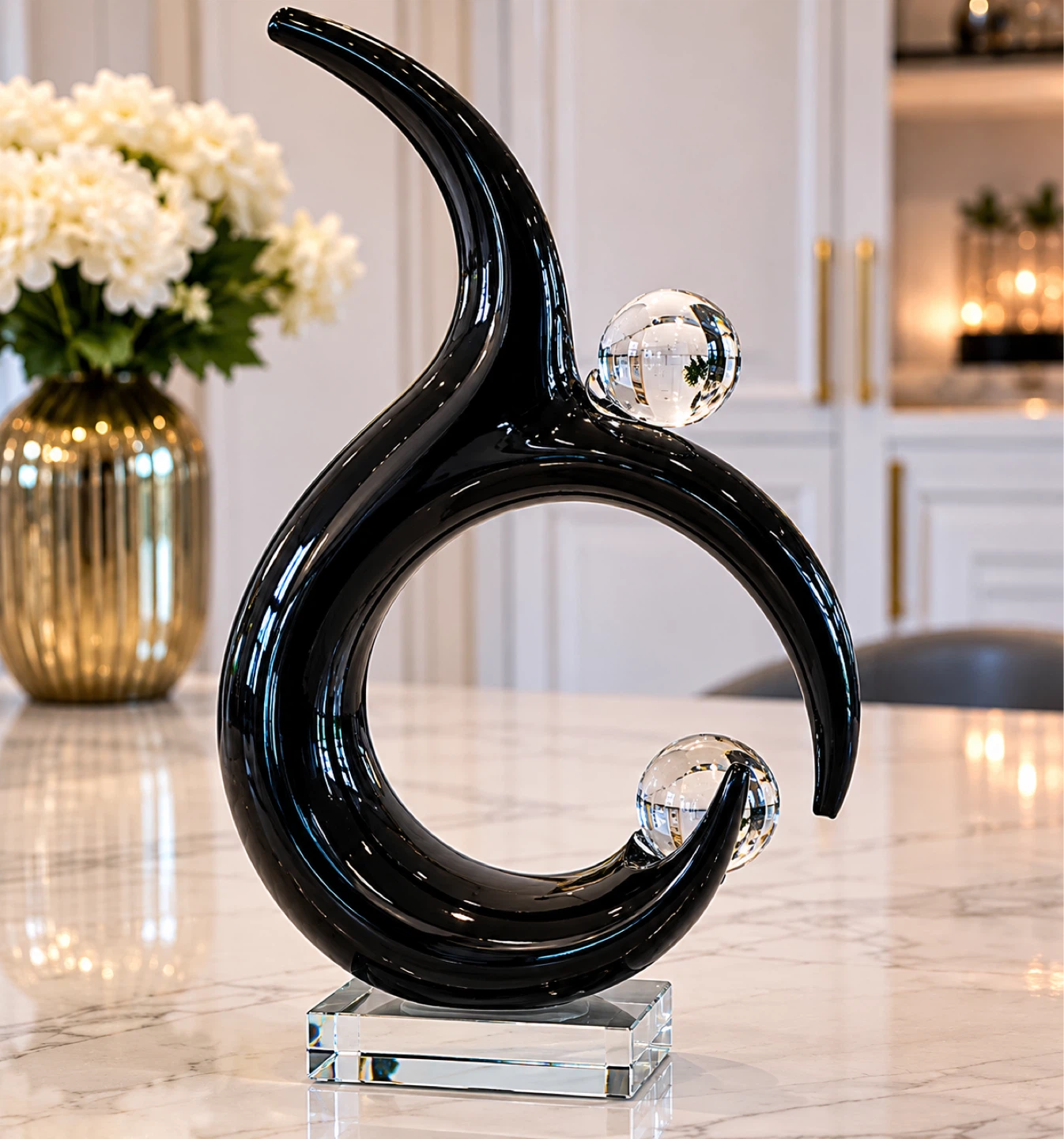 Modern Black Swirl Sculpture with Crystal Accents - photo 2