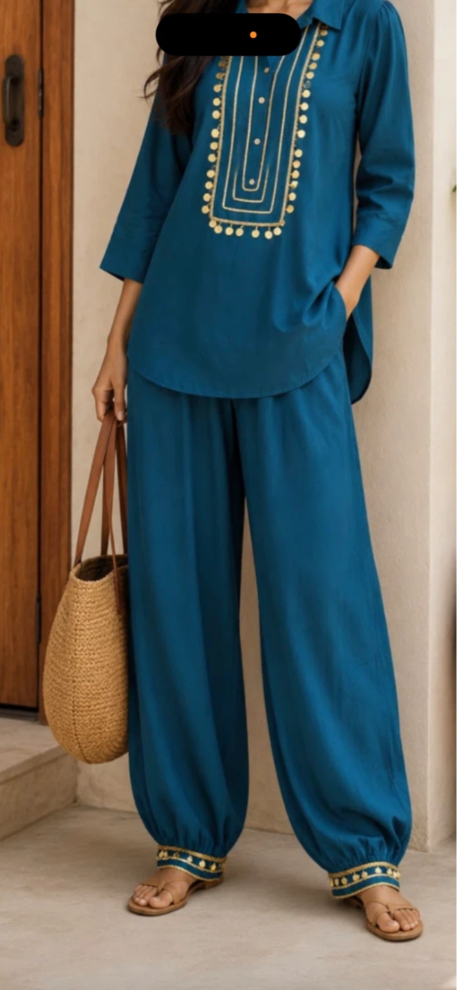 MIAX Teal Embroidered Kurti Pants Set