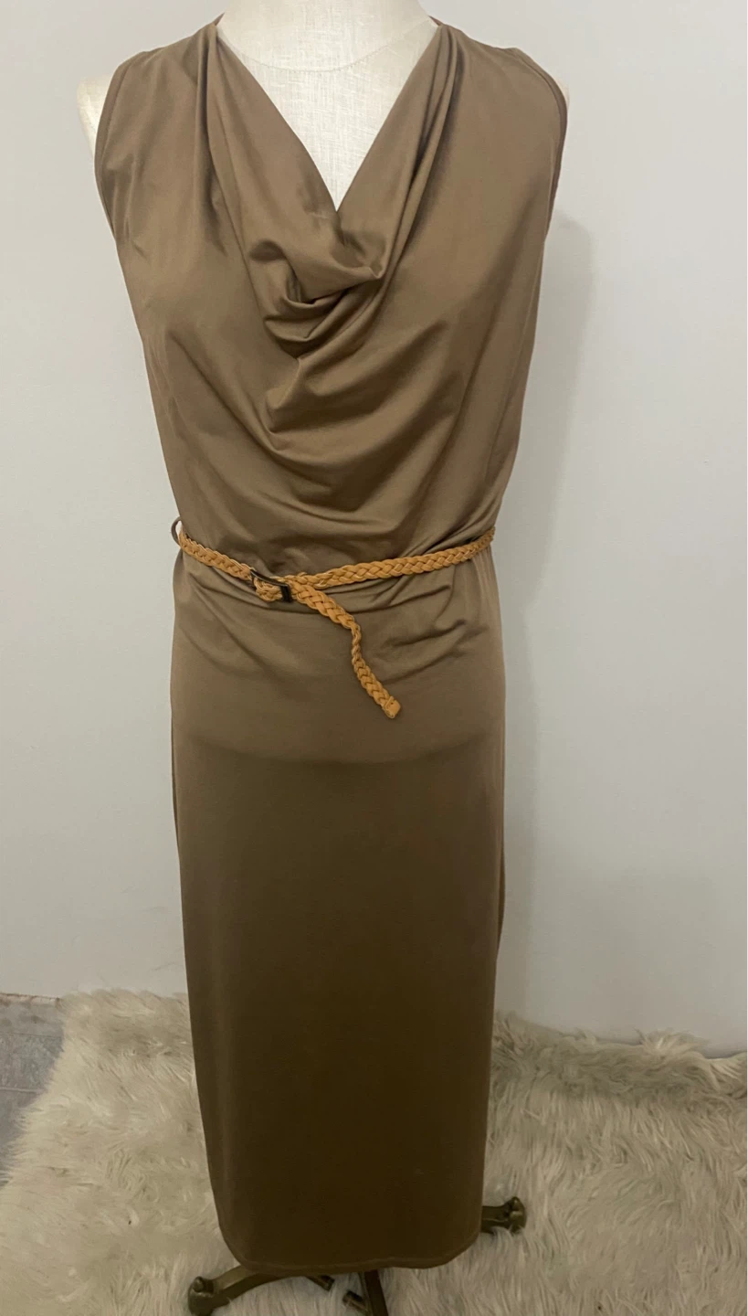 Brown Cowl Neck Sleeveless Maxi Dress with Braided Belt