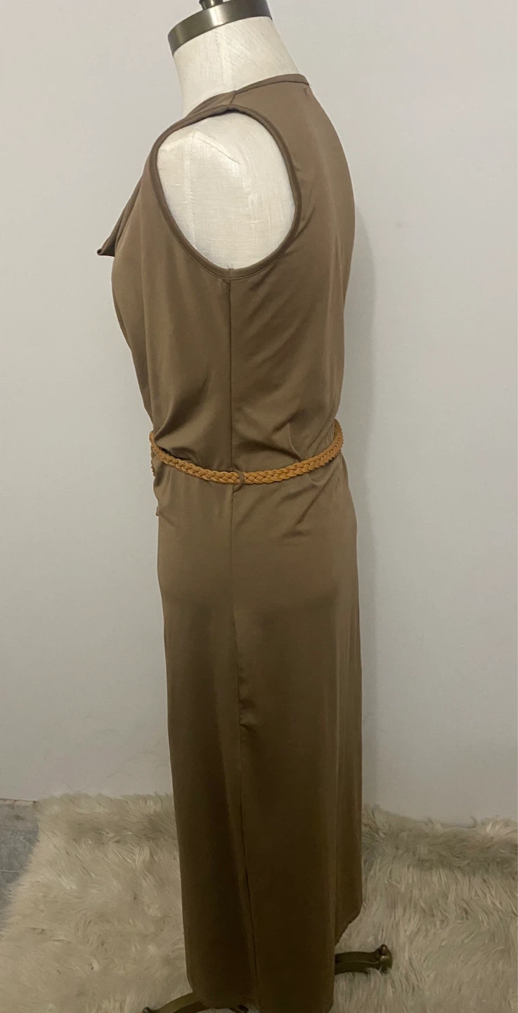 Brown Cowl Neck Sleeveless Maxi Dress with Braided Belt - photo 2