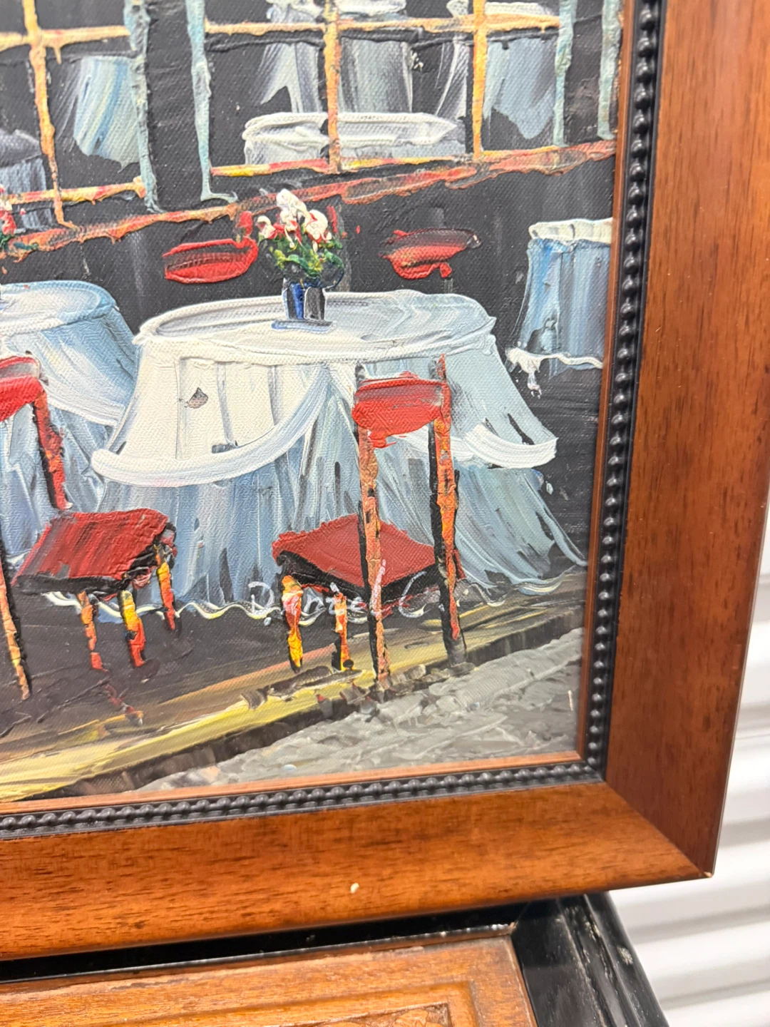 Framed Vintage Oil Painting of Parisian Cafe Scene - photo 3