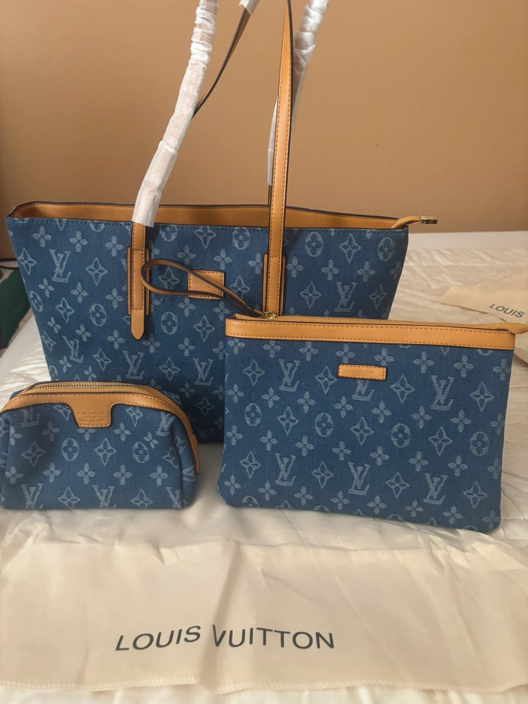 Louis Vuitton Denim Monogram Tote Bag with Pouches - photo 3
