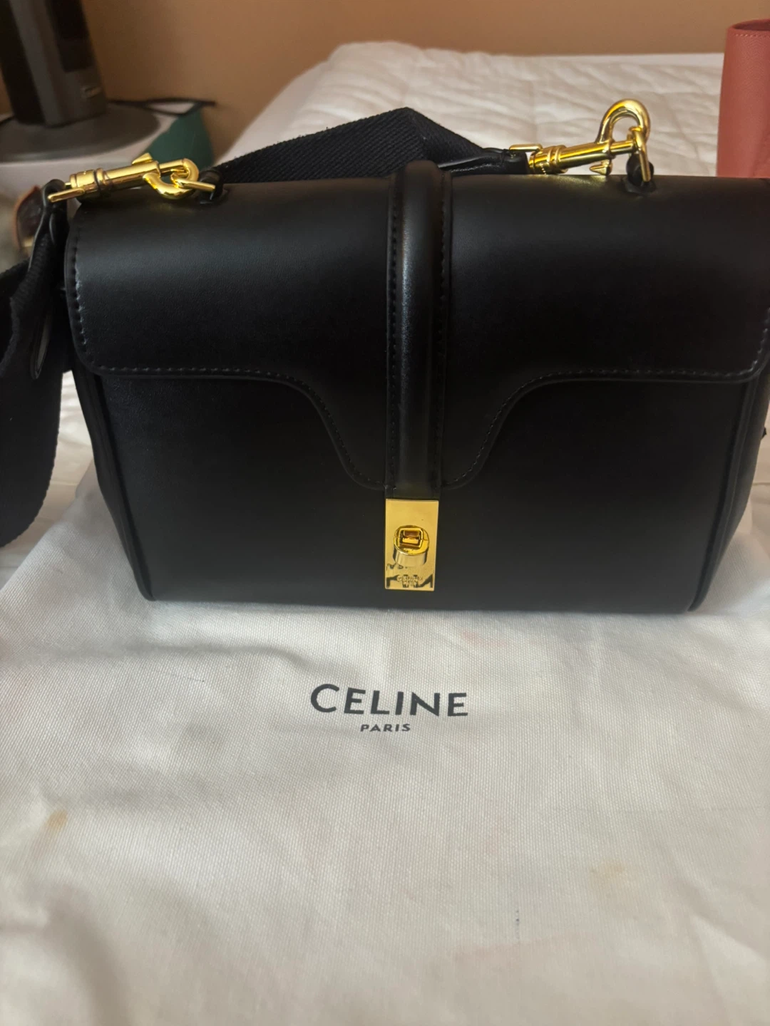 CELINE Black Leather Shoulder Bag with Gold Hardware