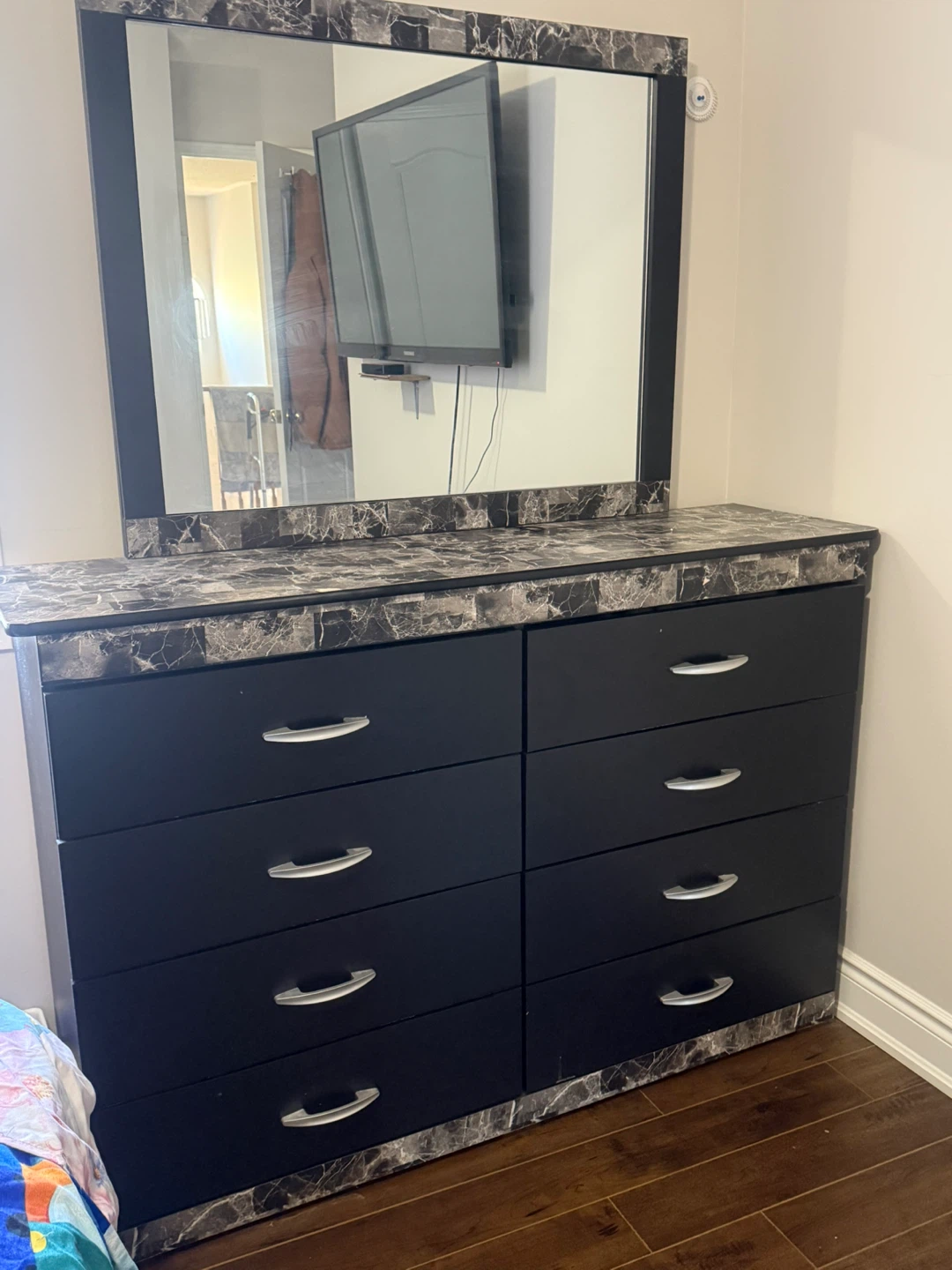 Black Marble Effect Bed Frame with Dresser and Nightstands