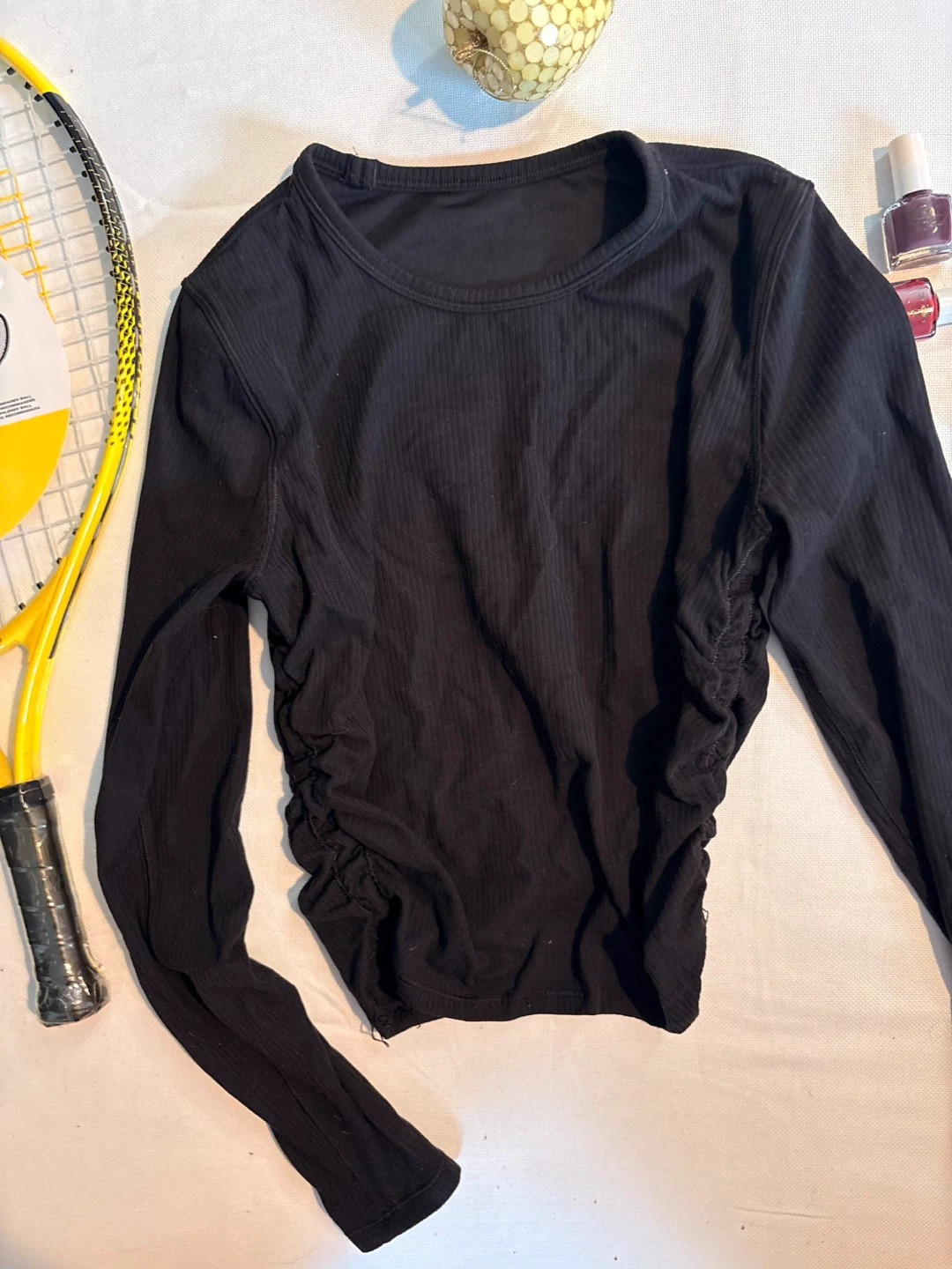 Lululemon Black Ribbed Ruched Long Sleeve Top