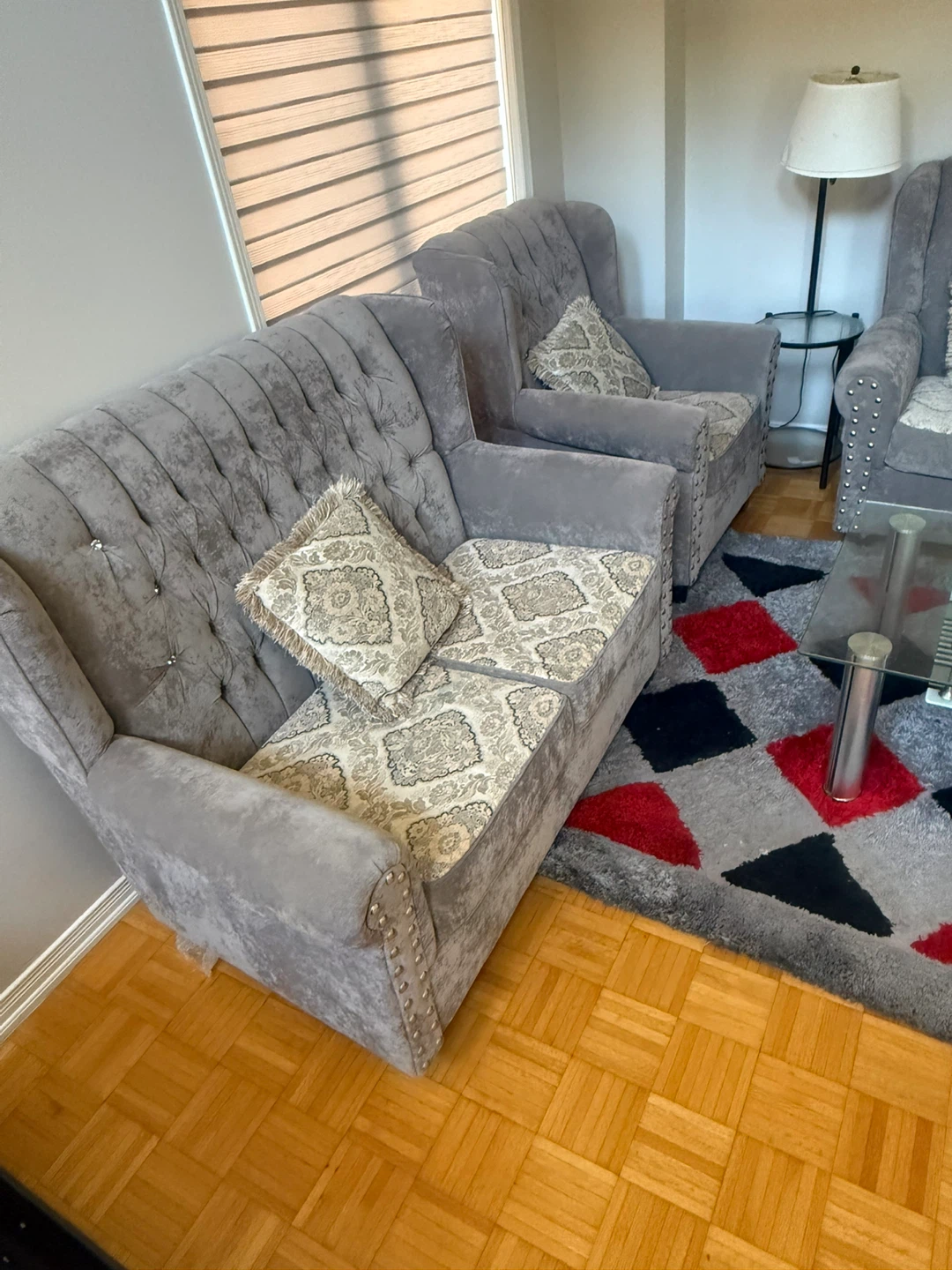 Grey Tufted Sofa Set with Accent Pillows - photo 3