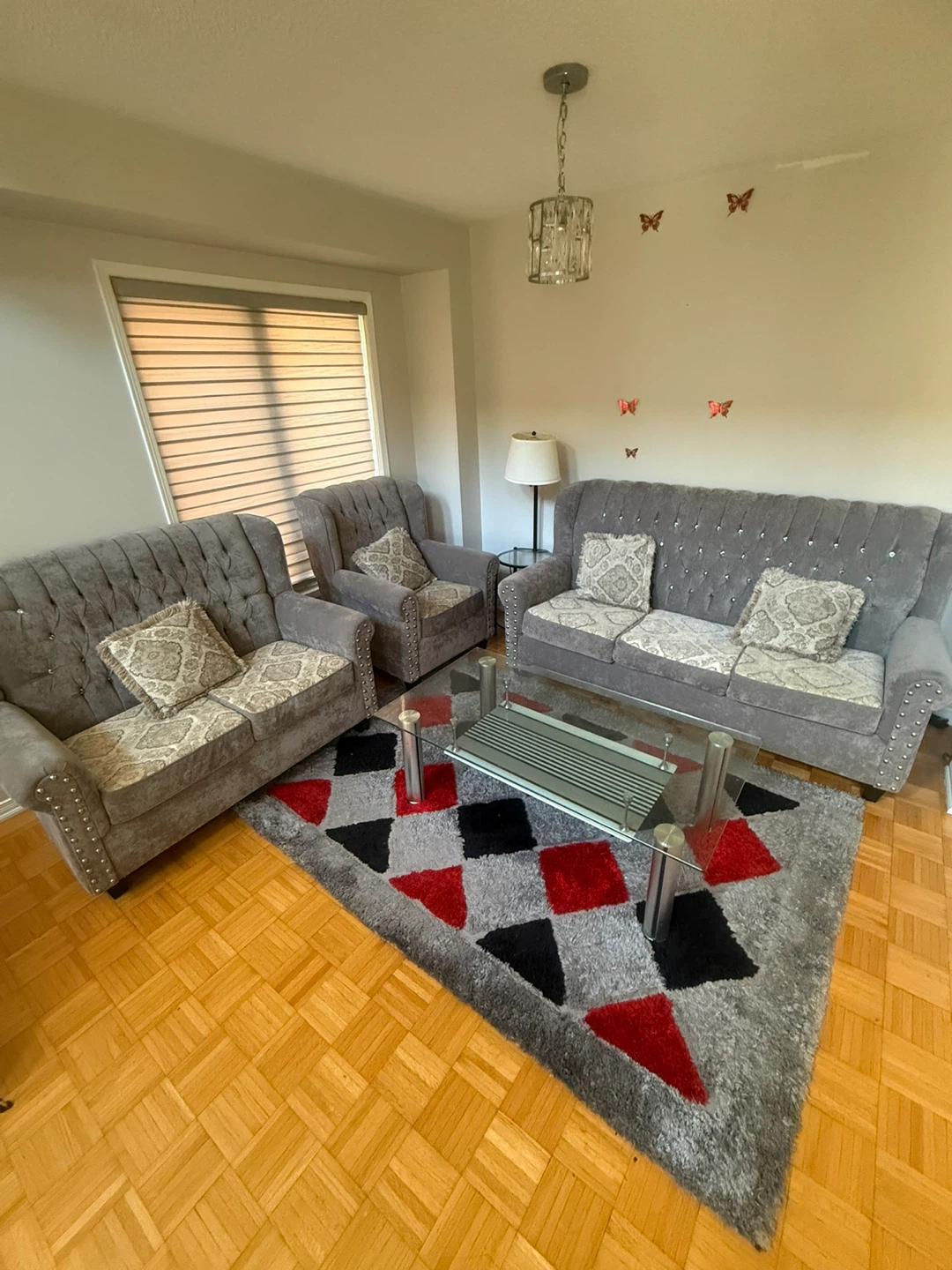 Grey Tufted Sofa Set with Accent Pillows