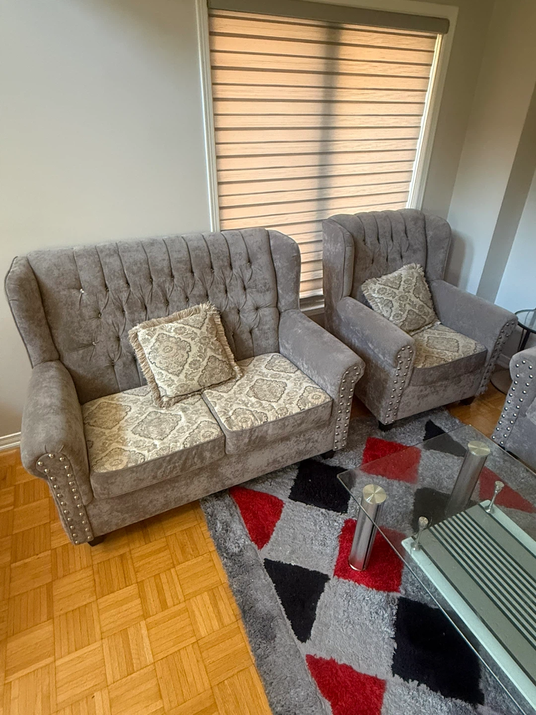 Grey Tufted Sofa Set with Accent Pillows - photo 4