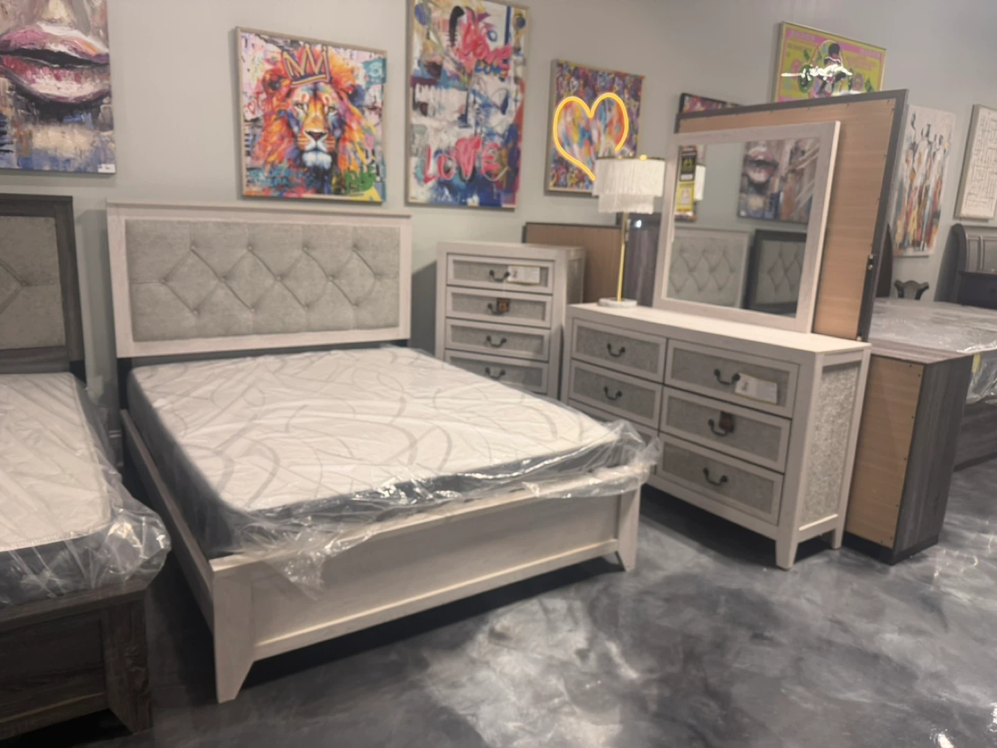 Tufted Headboard Bed Frame and Dresser Set queen con Colchon
