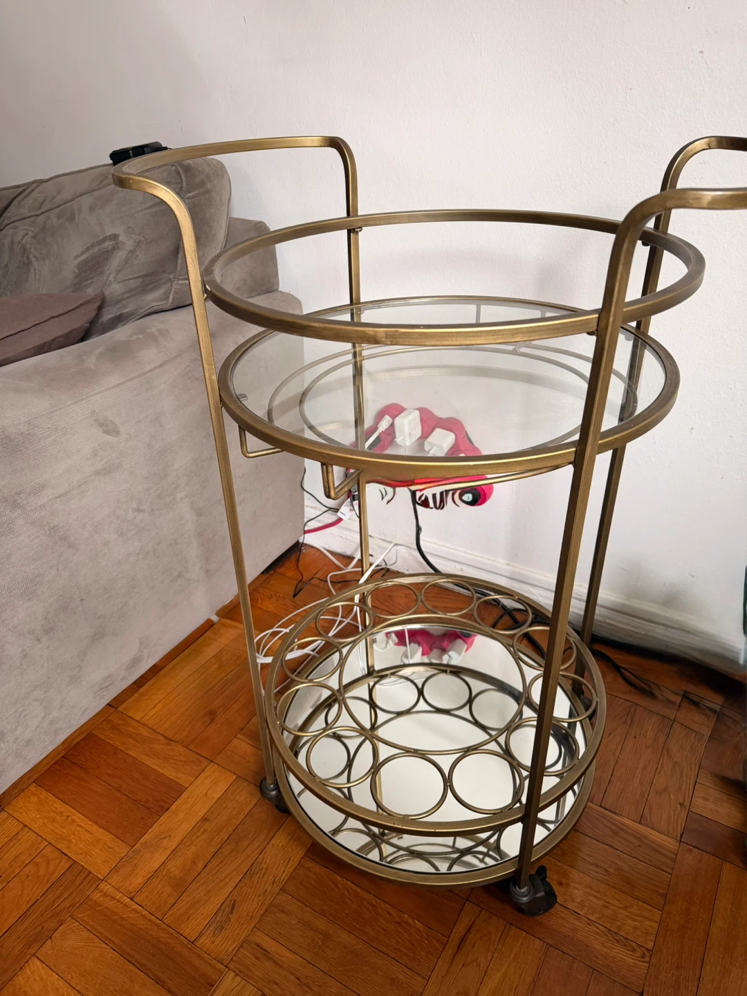 Gold Bar Cart with Glass Shelves and Wine Rack