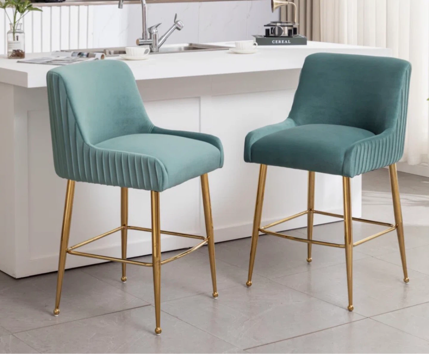Set of 2 Teal Velvet Bar Stools with Gold Legs