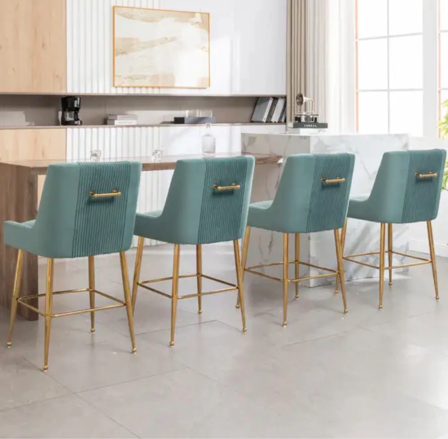 Set of 2 Teal Velvet Bar Stools with Gold Legs - photo 4