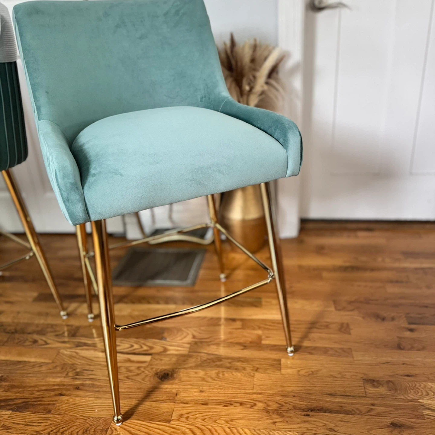 Set of 2 Teal Velvet Bar Stools with Gold Legs - photo 2