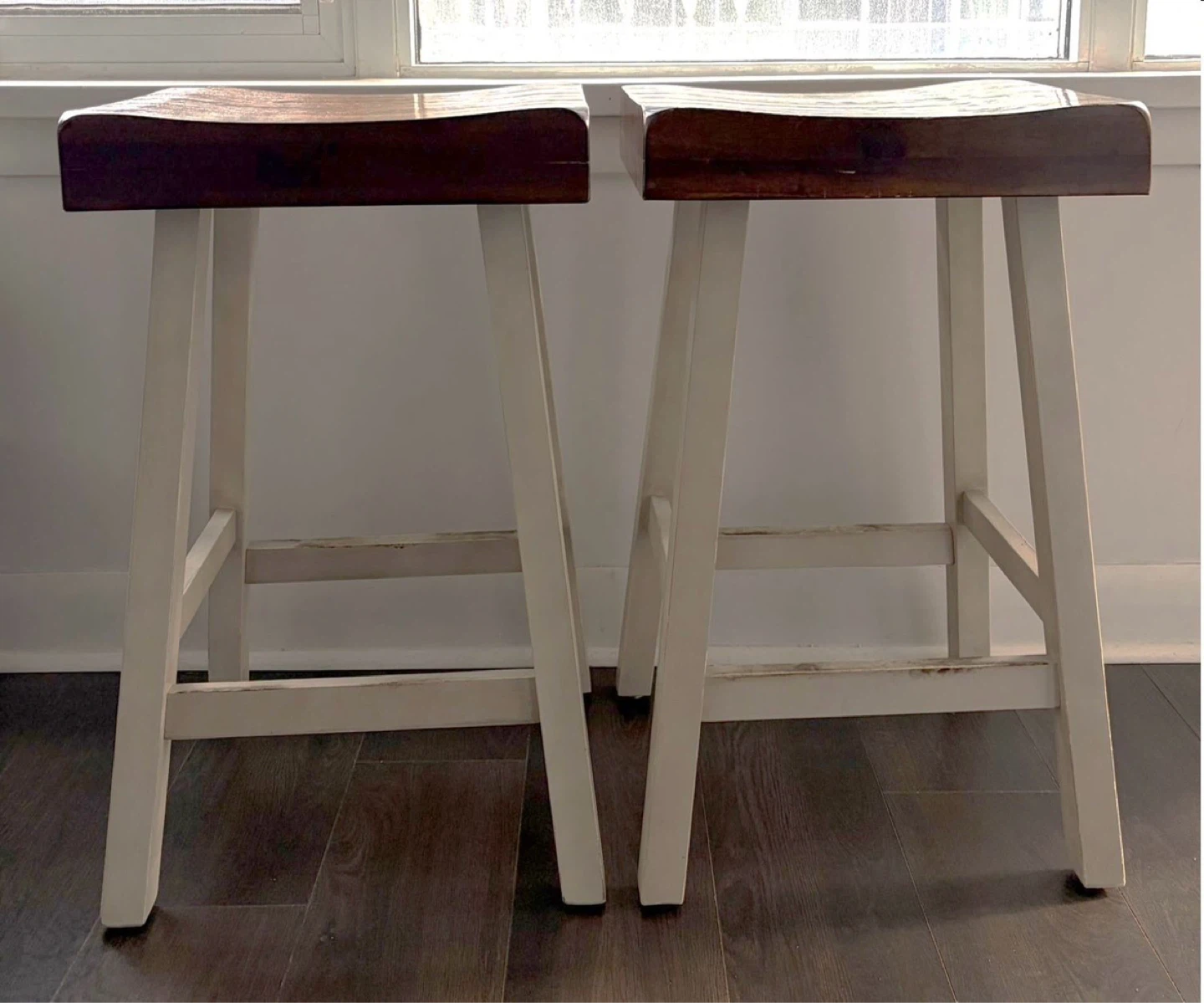 Set of 2 Wooden Bar Stools - Dark Brown Tops, White Legs