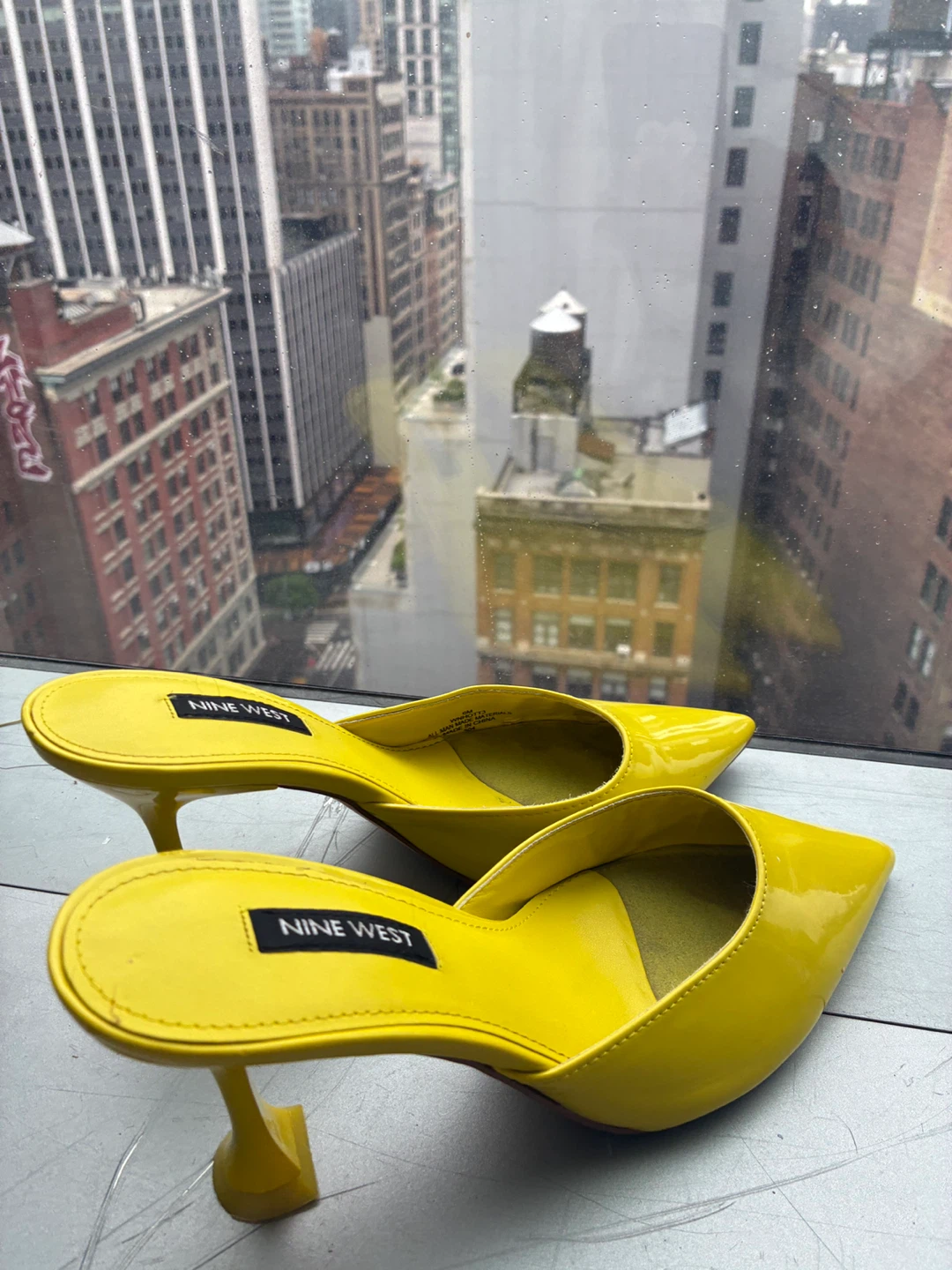 Nine West Yellow Patent Leather Pointed Toe Mules - Size 8M