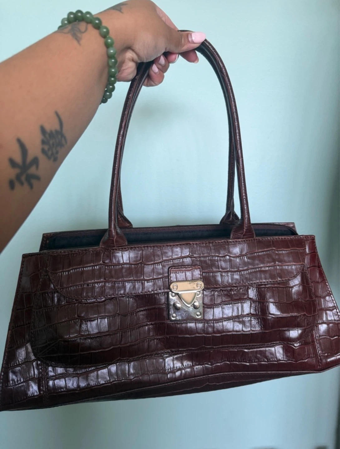Burgundy Croc Embossed Shoulder Bag