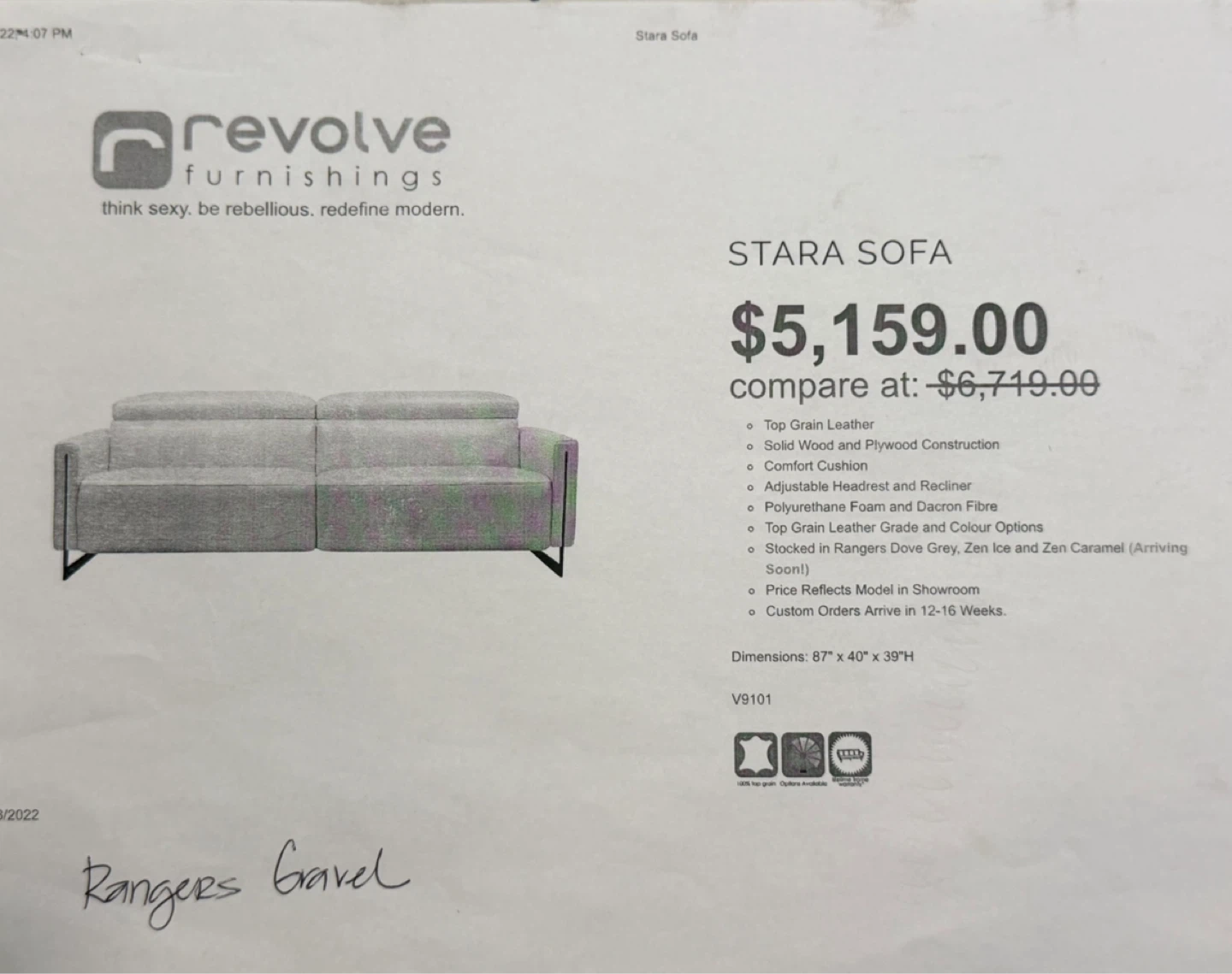 Revolve Furnishings Stara Sofa - Top Grain Leather