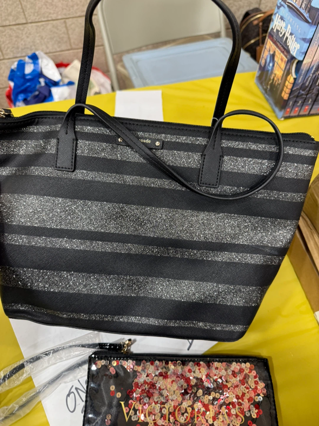 Kate Spade Black Striped Glitter Tote Bag