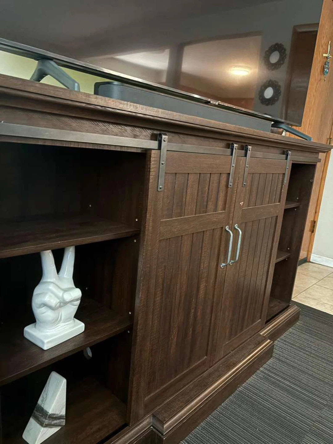 Dark Wood Barn Door TV Stand Console - photo 3