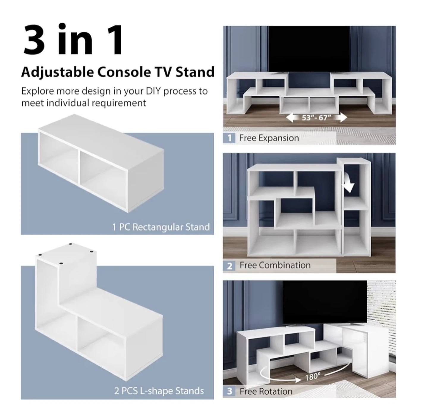 3 in 1 Adjustable White TV Stand Console - photo 3