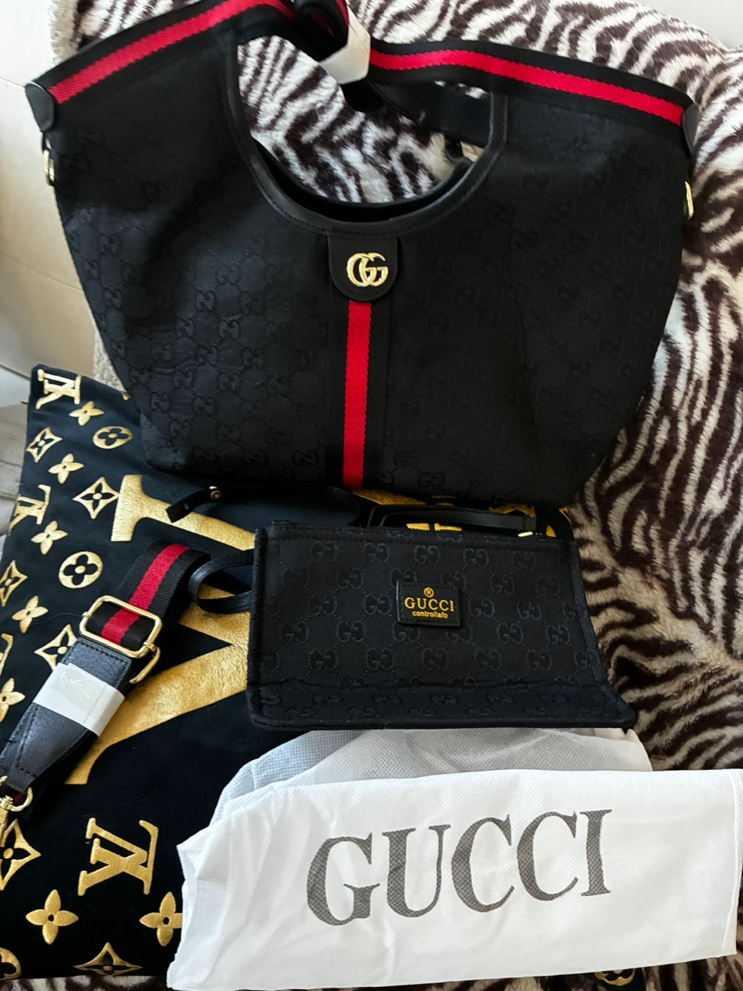 Gucci Black Monogram Hobo Bag with Red Stripe