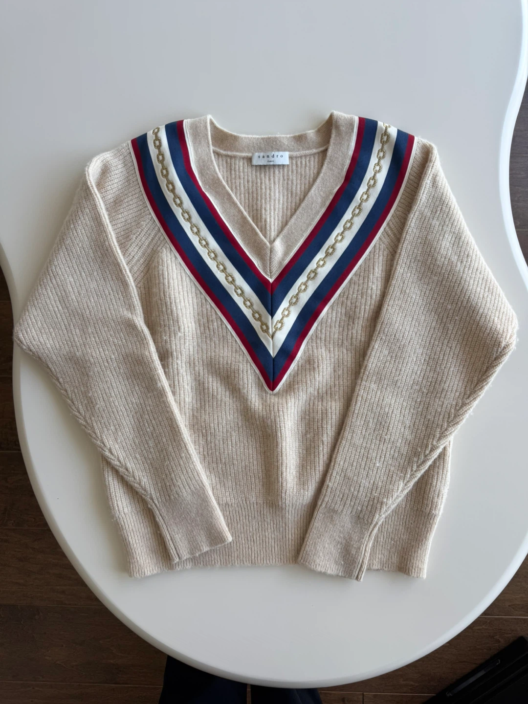 Sandro Paris Beige V-Neck Sweater - Size 1