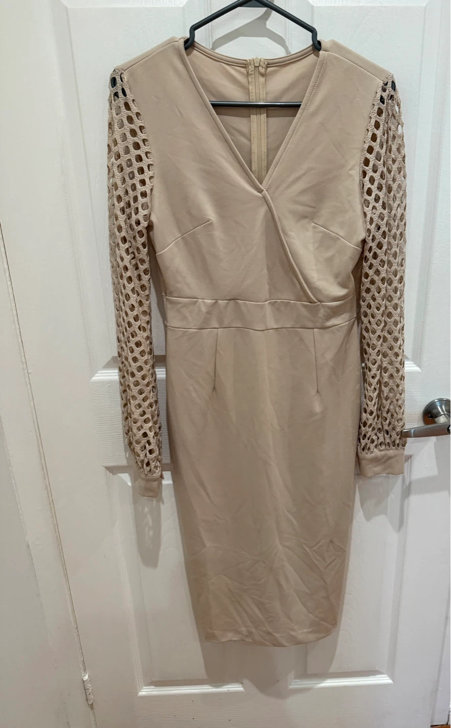 Beige V-Neck Dress with Mesh Sleeves - photo 2