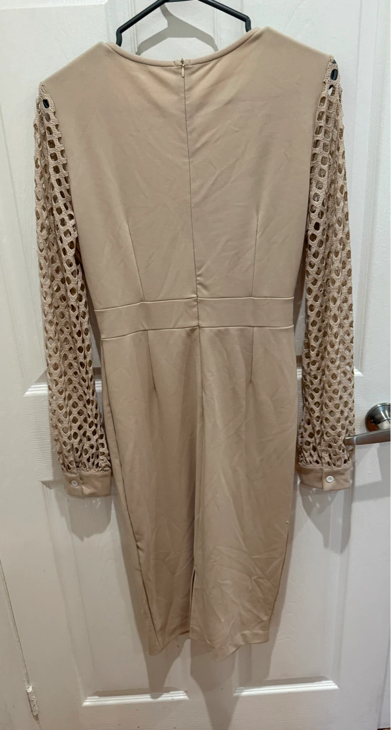 Beige V-Neck Dress with Mesh Sleeves - photo 3