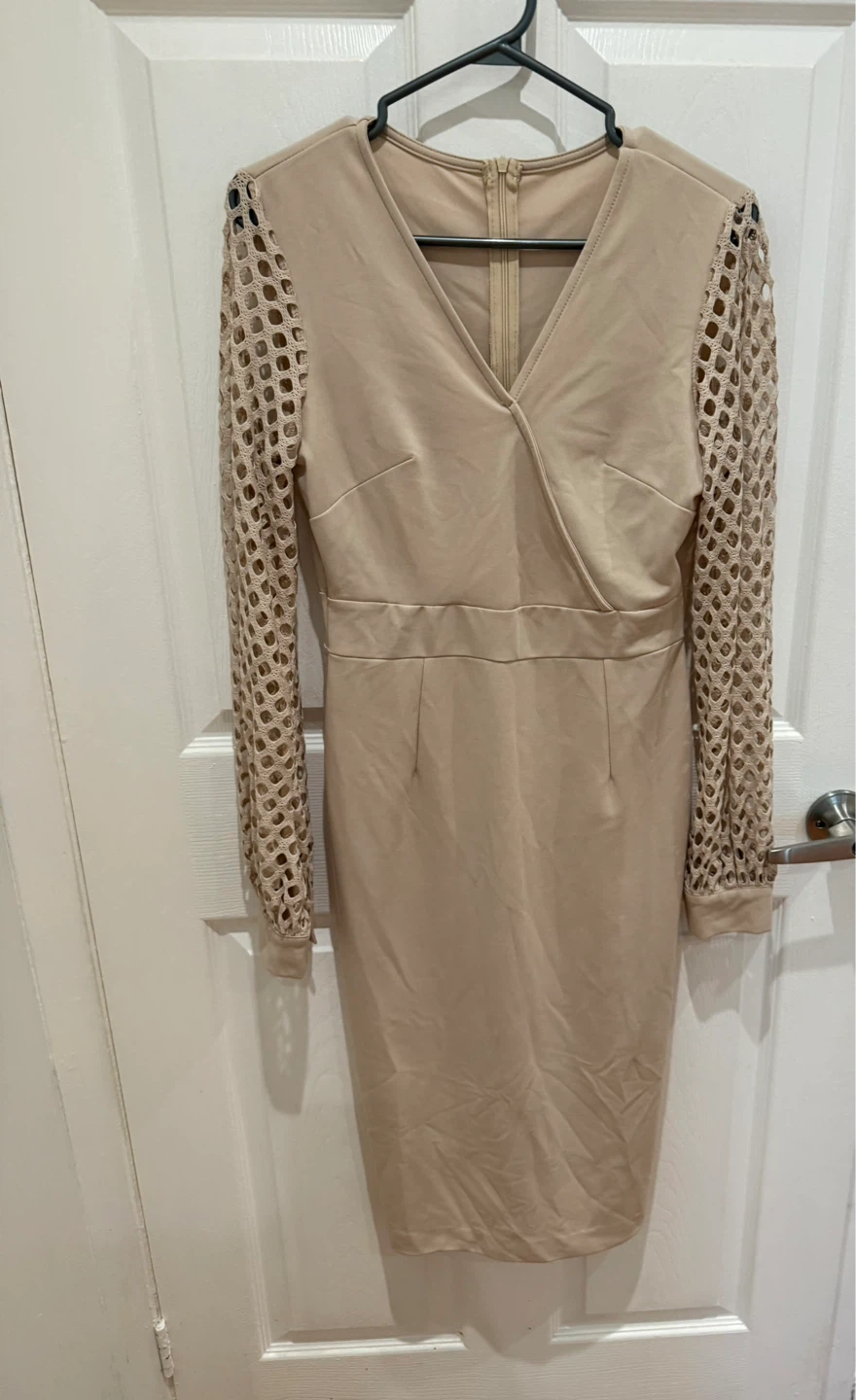 Beige V-Neck Dress with Mesh Sleeves
