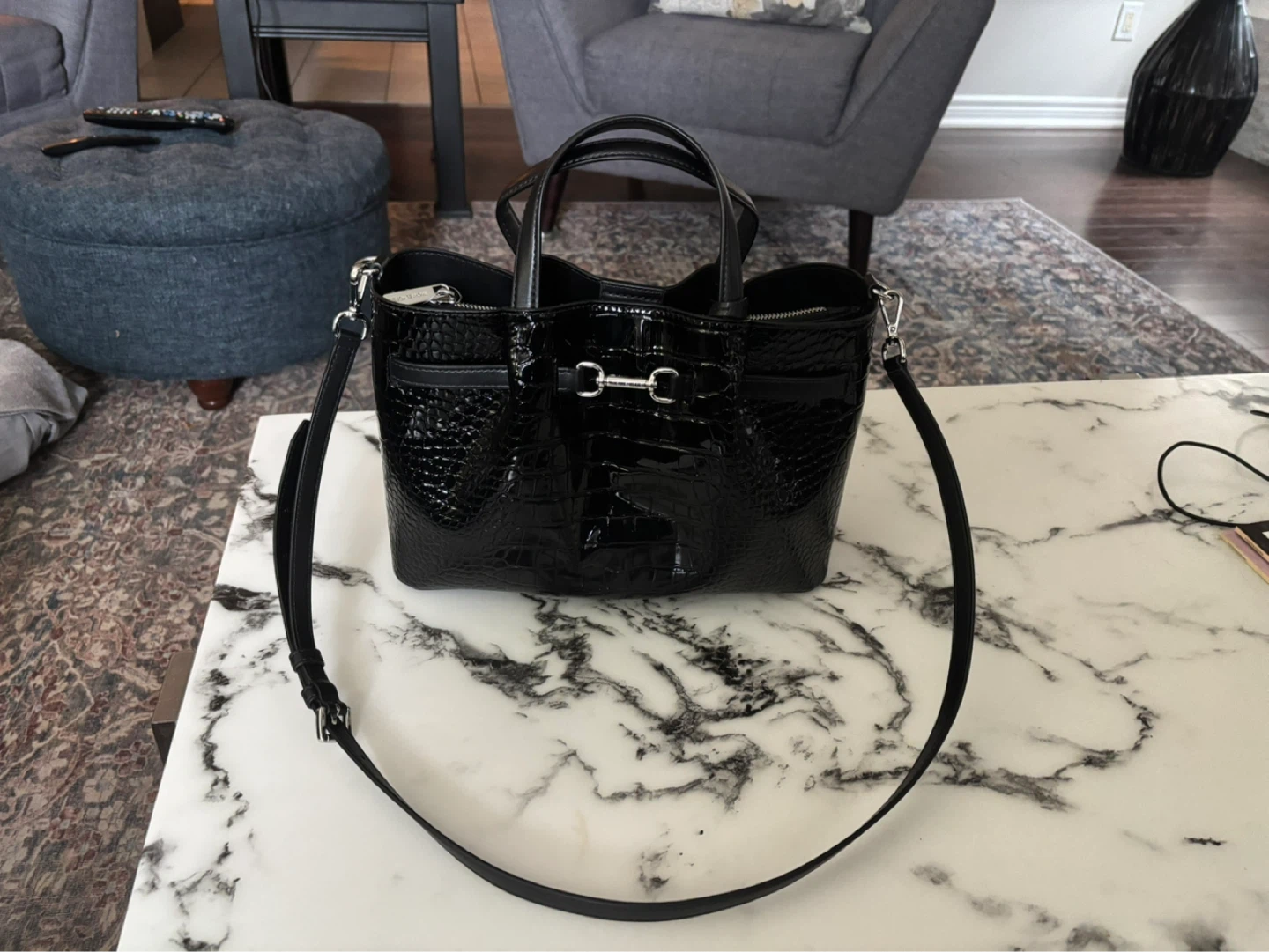 Michael Kors Black Croc Embossed Leather Tote Bag