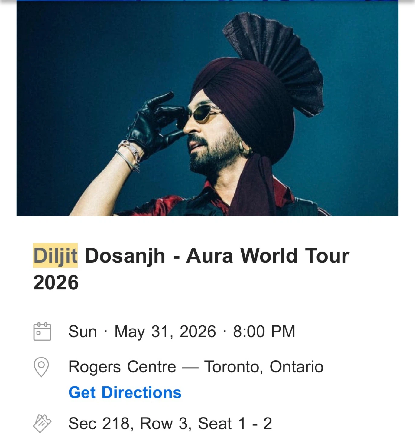 Diljit Dosanjh - Aura World Tour 2026 Ticket