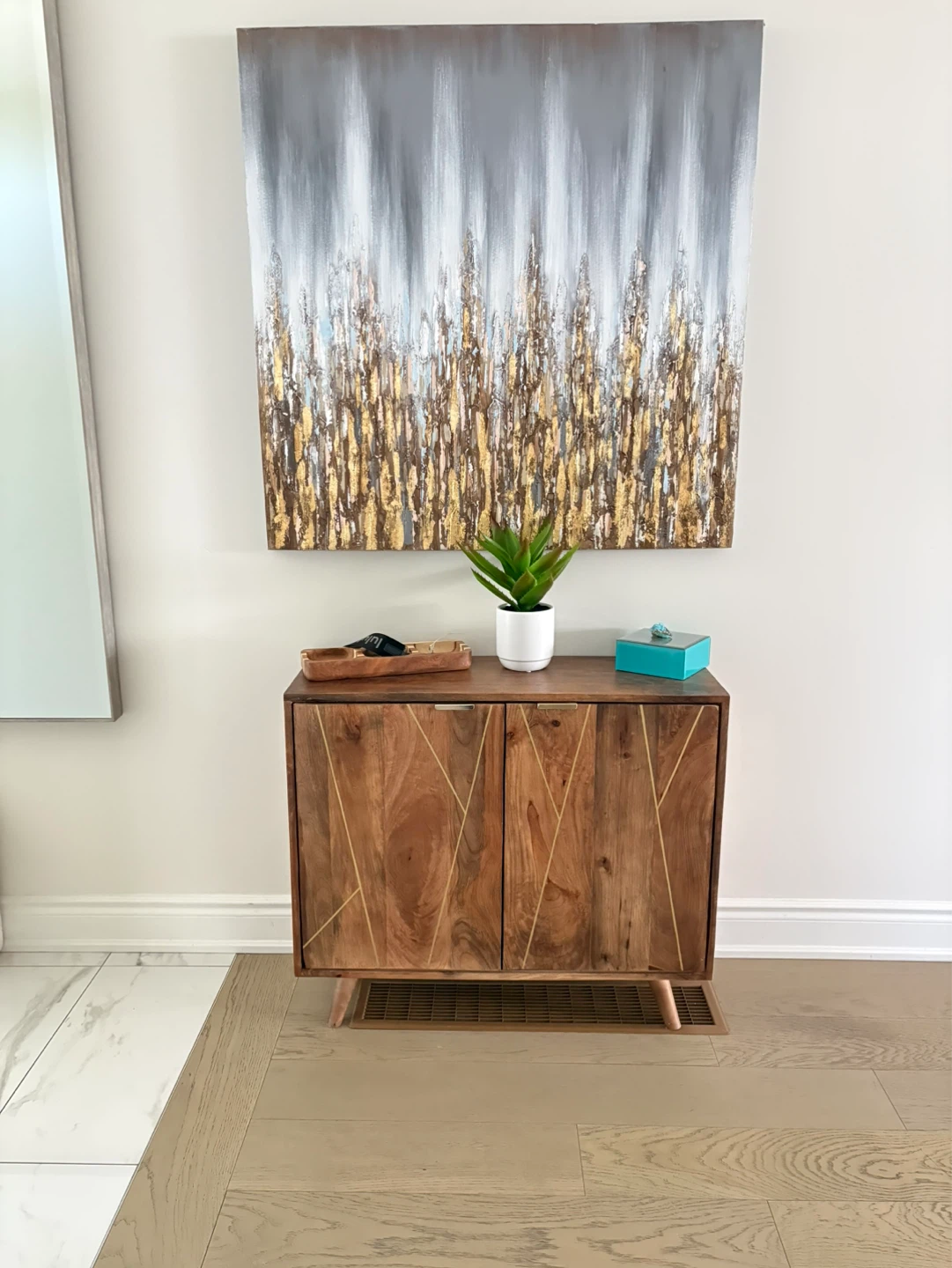 Wooden Two-Door Cabinet with Gold Accents